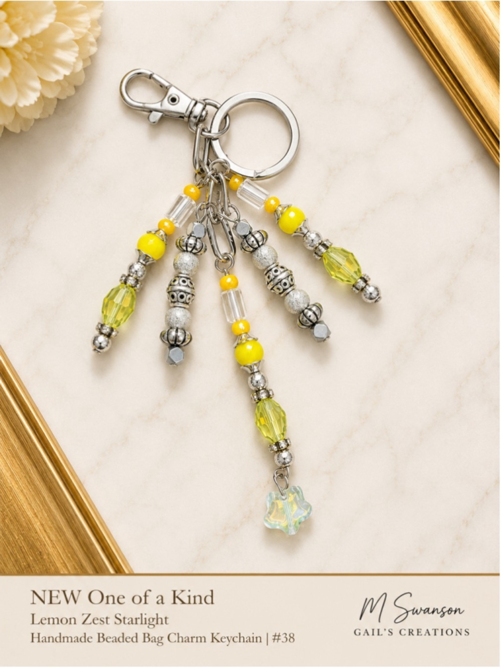 NEW One of a Kind Lemon Zest Starlight Handmade Beaded Bag Charm Keychain